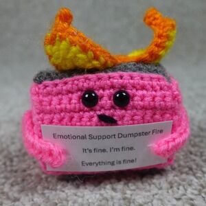 Handmade Crochet Emotional Support Dumpster Fire Pink Amigurumi Plush Desk Toy